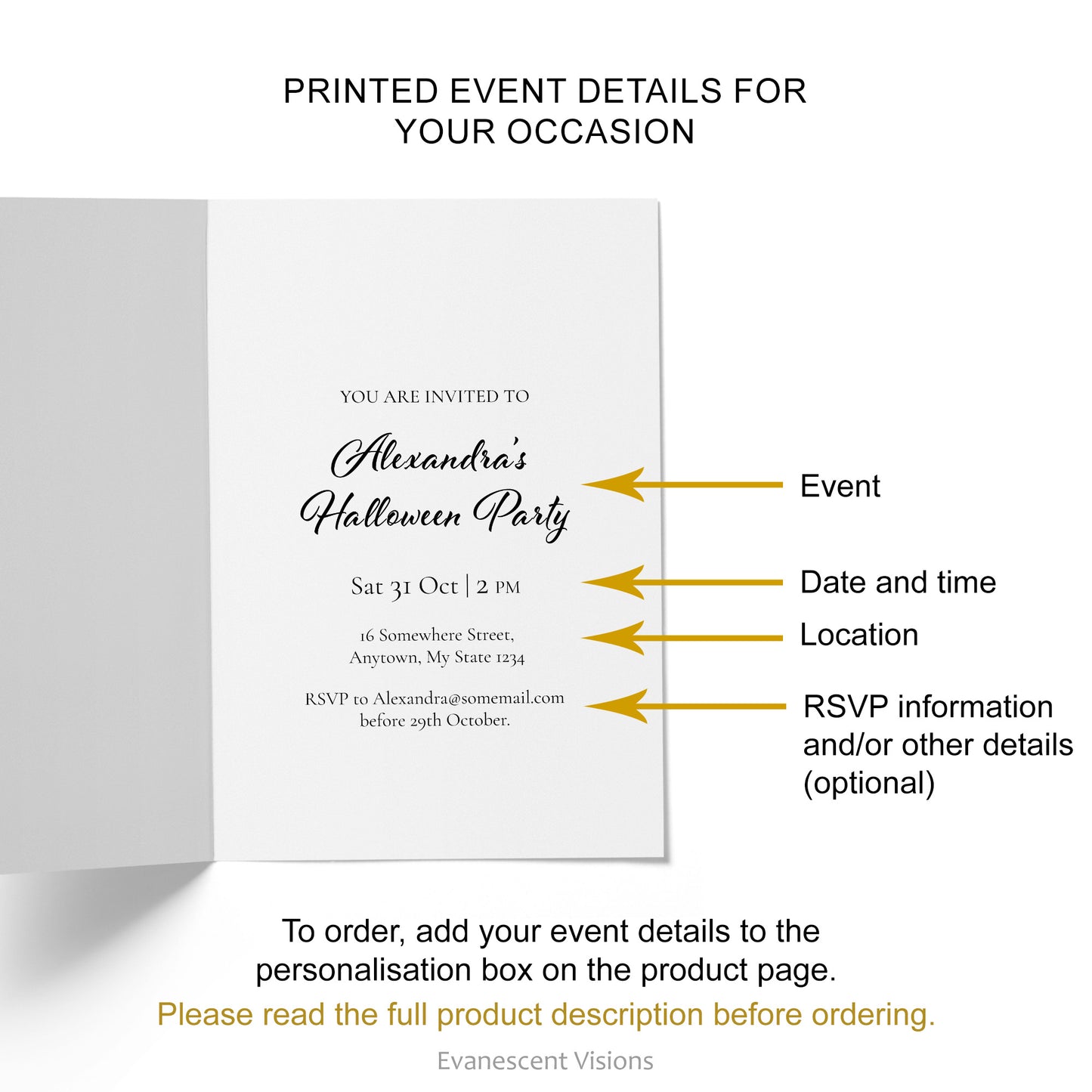 Inside view of the invitation card showing and example of printed event details, with ordering instructions. 