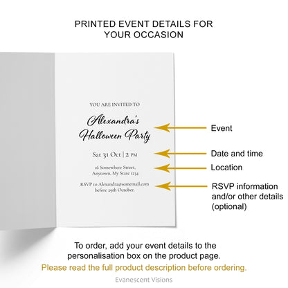 Inside view of the invitation card showing and example of printed event details, with ordering instructions. 