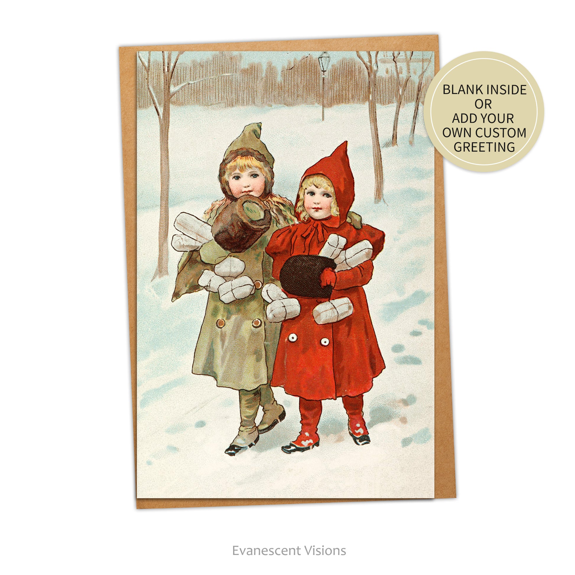 Card with vintage image of two little girls walking in the snow with lots of Christmas presents in their arms, and envelope. Sticker indicates that card may be ordered blank inside or with custom greeting