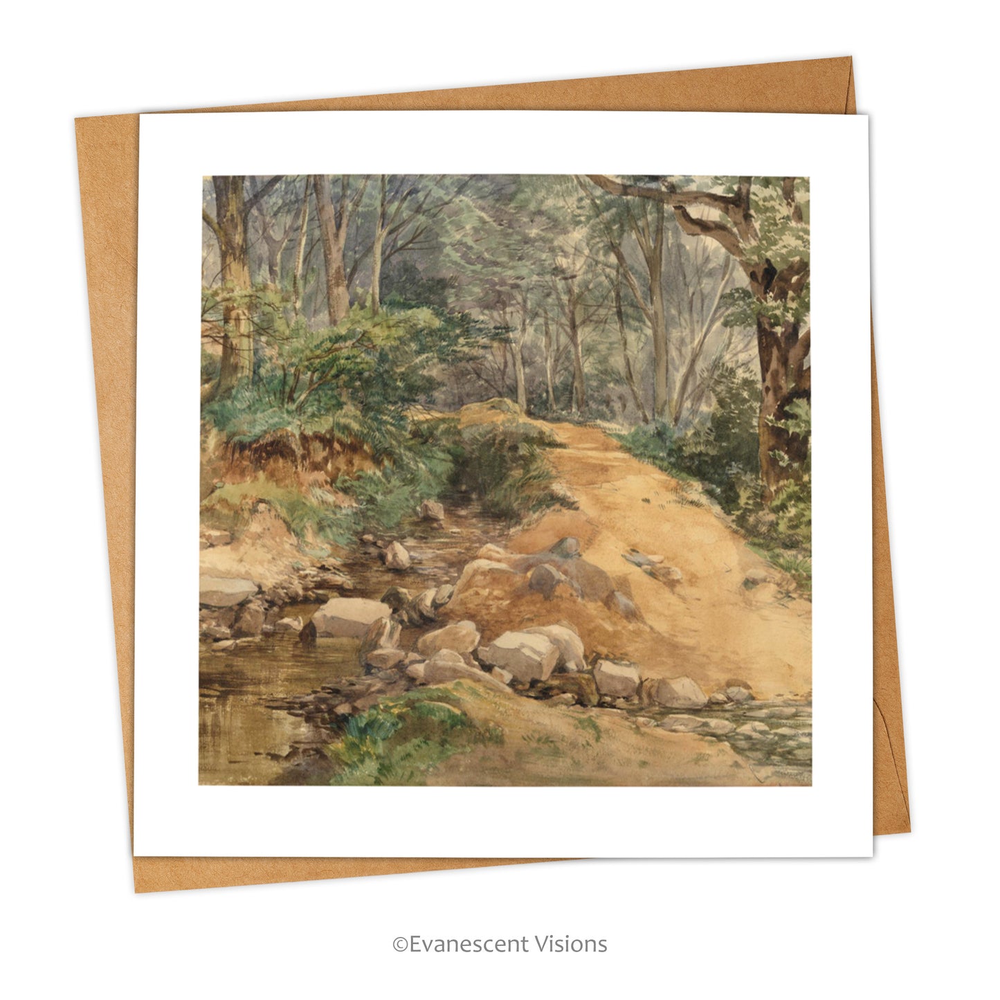 Card and envelope. Card has design 'Woodland Scene with a Path across a Stream' by John Middleton.