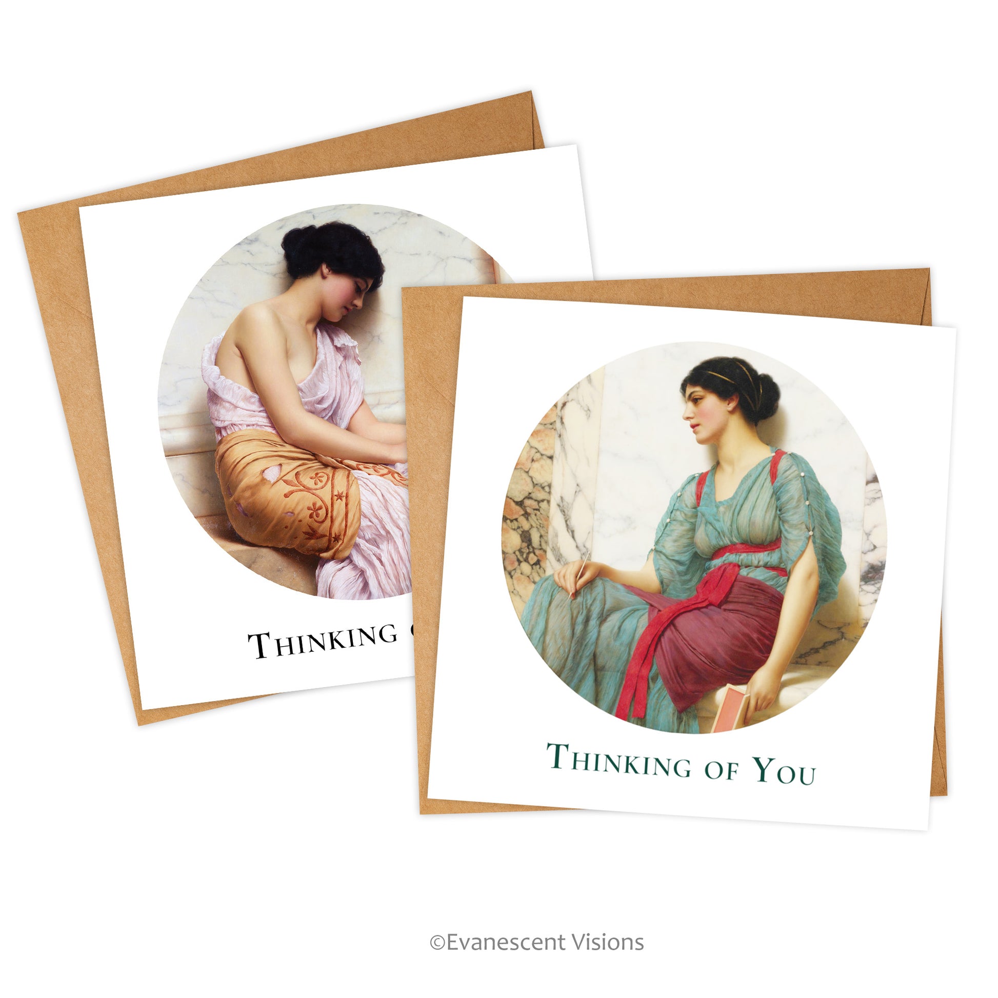 Two square cards and envelopes. Designs 'Violets, Sweet Violets' and 'The Love Letter' by John William Godward
