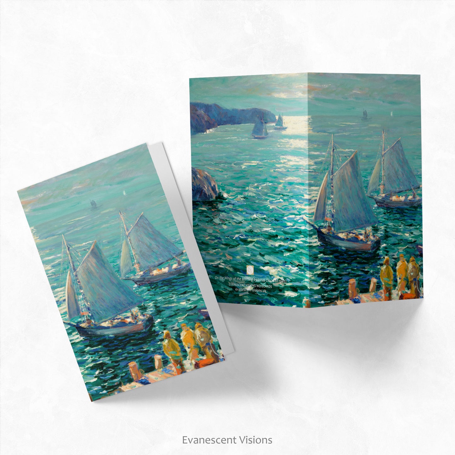 Front and back views of the On the Wings of the Morning Nautical Art Notecards