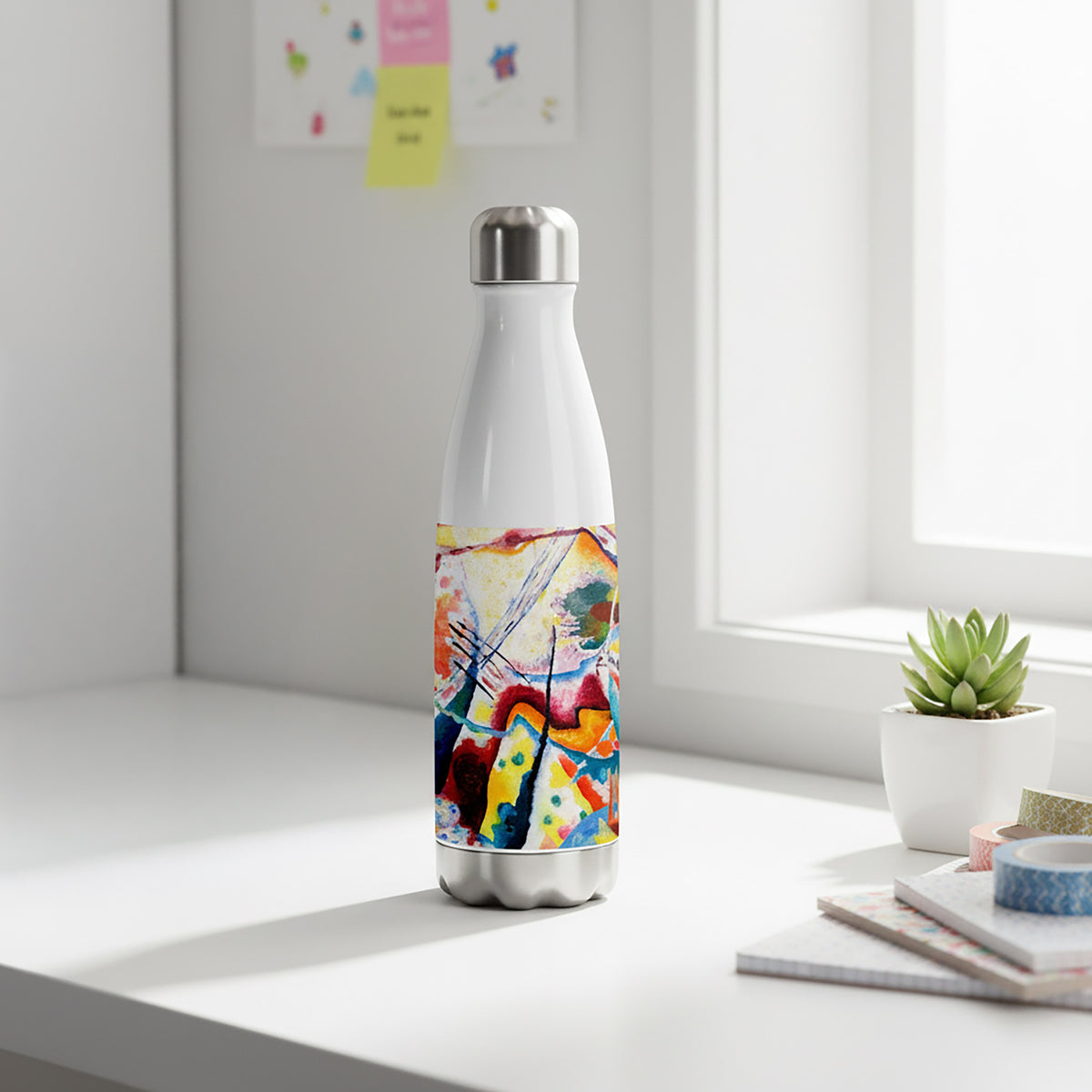 Kandinsky Art Personalised Stainless Steel Water Bottle on a white desk.