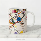 A white ceramic mug featuring an abstract geometric art print 'Composition 8' by Kandinsky.