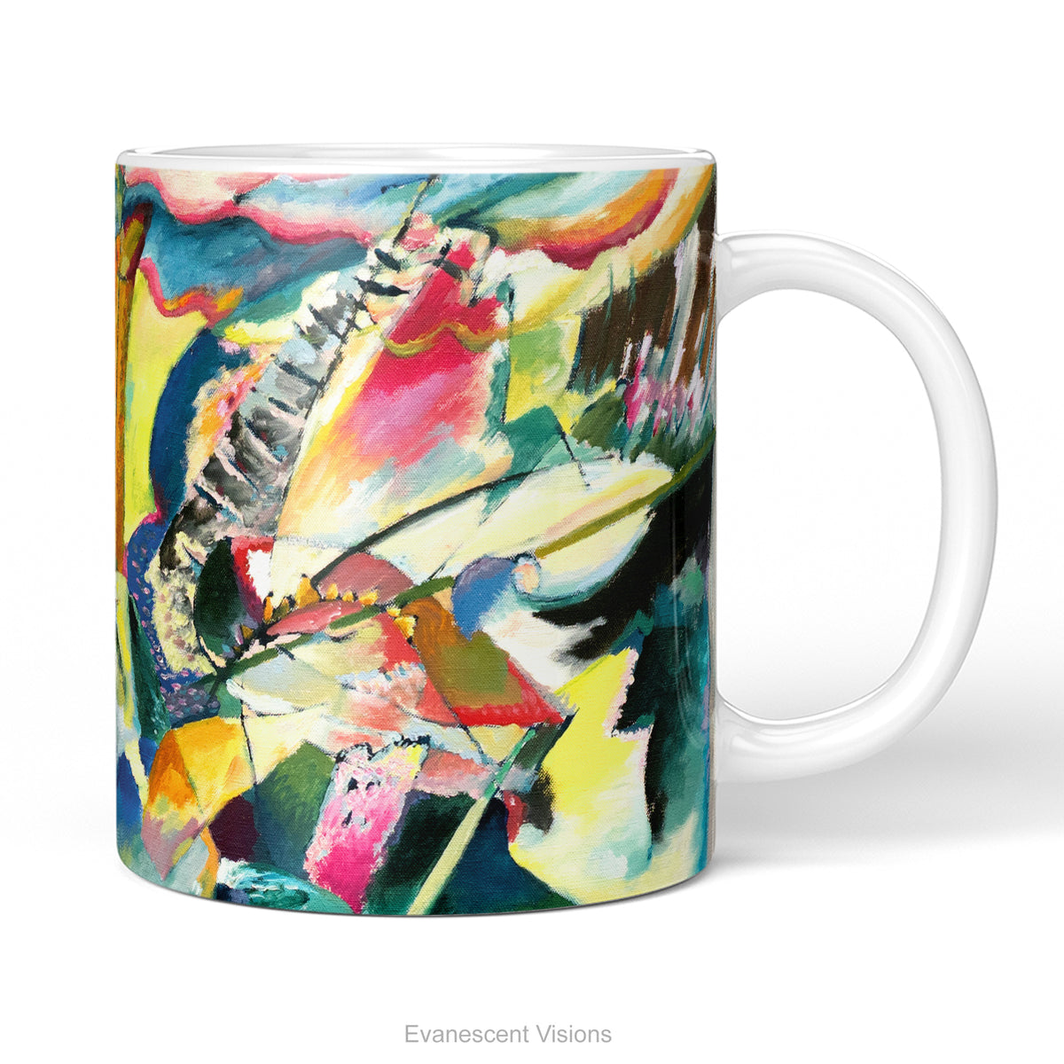 A ceramic mug featuring vibrant, abstract painting 'Improvisation Klamm' by Kandinsky.