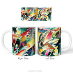 Left and right side views of a ceramic mug featuring vibrant, abstract painting 'Improvisation Klamm' by Kandinsky.