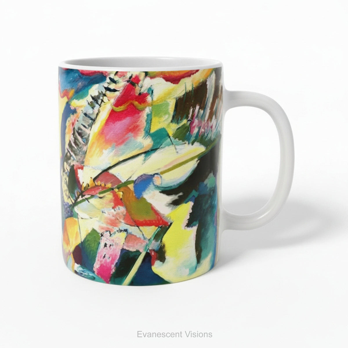 A ceramic mug featuring vibrant, abstract painting 'Improvisation Klamm' by Kandinsky.