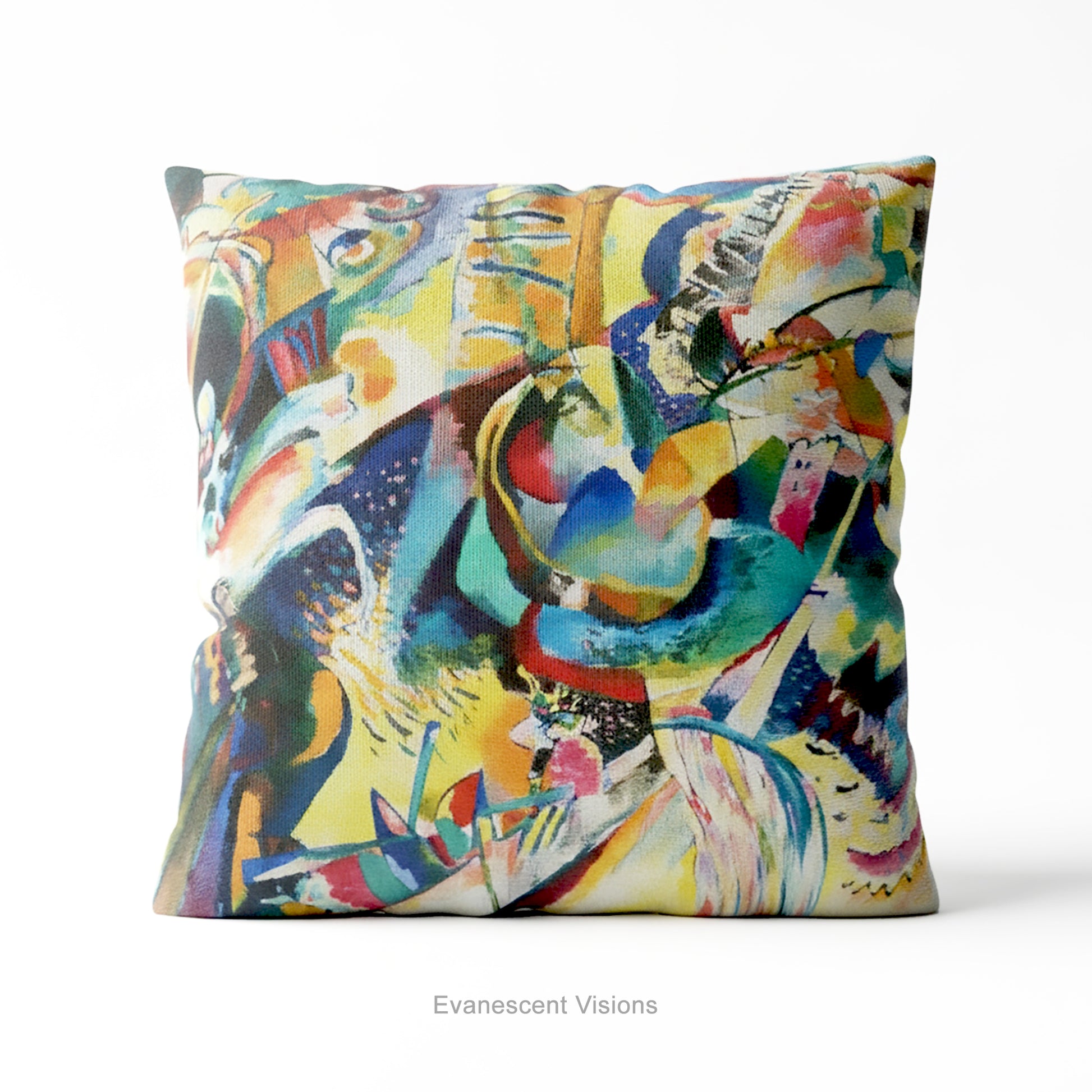 A square cushion featuring the abstract, multicolored painting design 'Improvisation Klamm' by Wassily Kandinsky. 