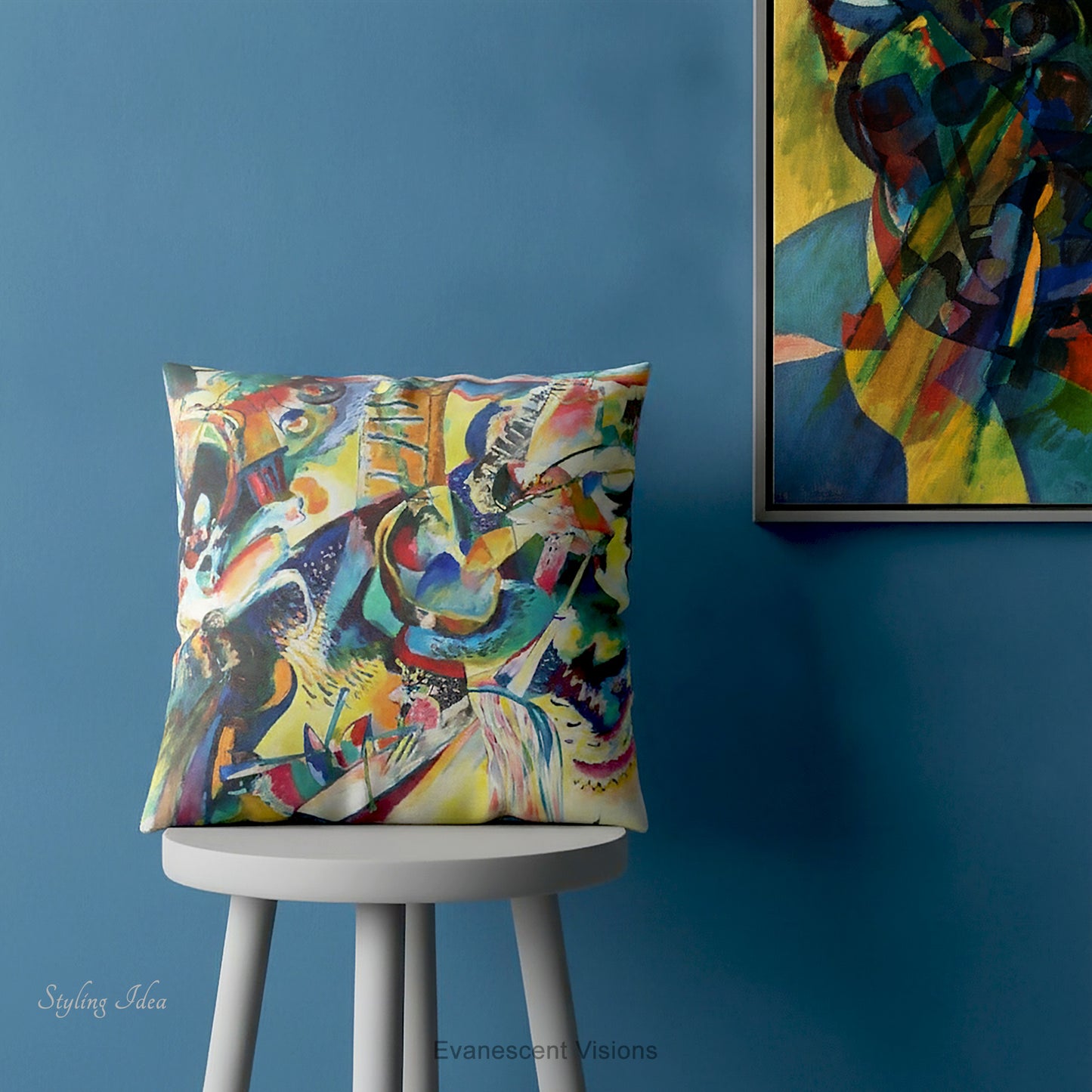 A square cushion featuring the abstract, multicolored painting design 'Improvisation Klamm' by Wassily Kandinsky in a blue room.