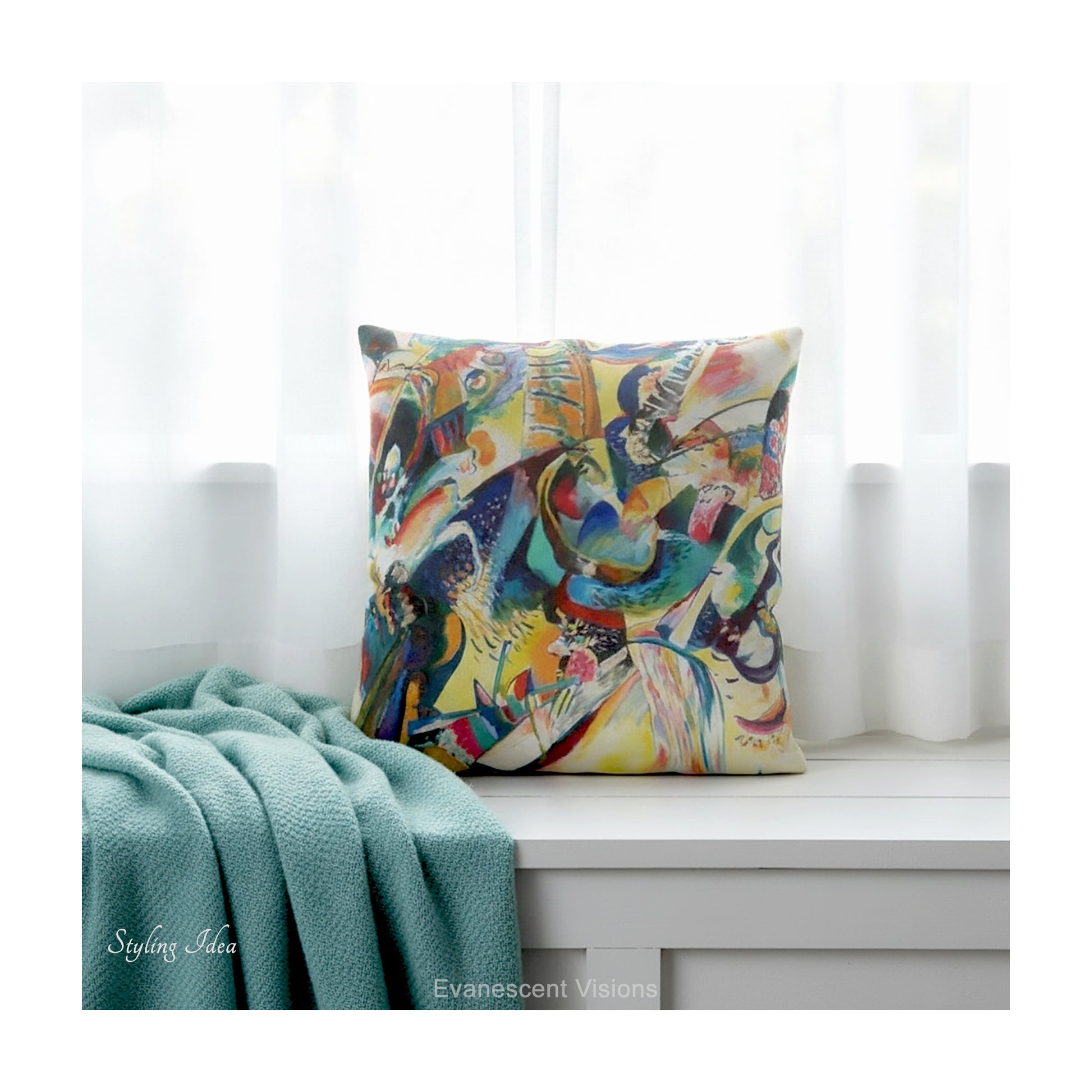 A square cushion featuring the abstract, multicolored painting design 'Improvisation Klamm' by Wassily Kandinsky., shown on a window seat near a window. 