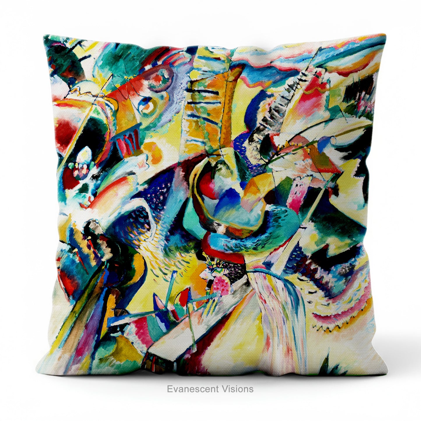 A square cushion featuring the abstract, multicolored painting 'Improvisation Klamm' by Wassily Kandinsky.