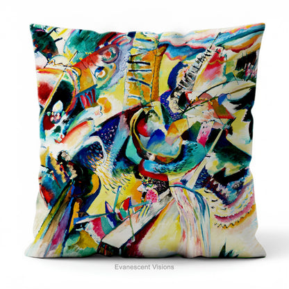 A square cushion featuring the abstract, multicolored painting 'Improvisation Klamm' by Wassily Kandinsky.