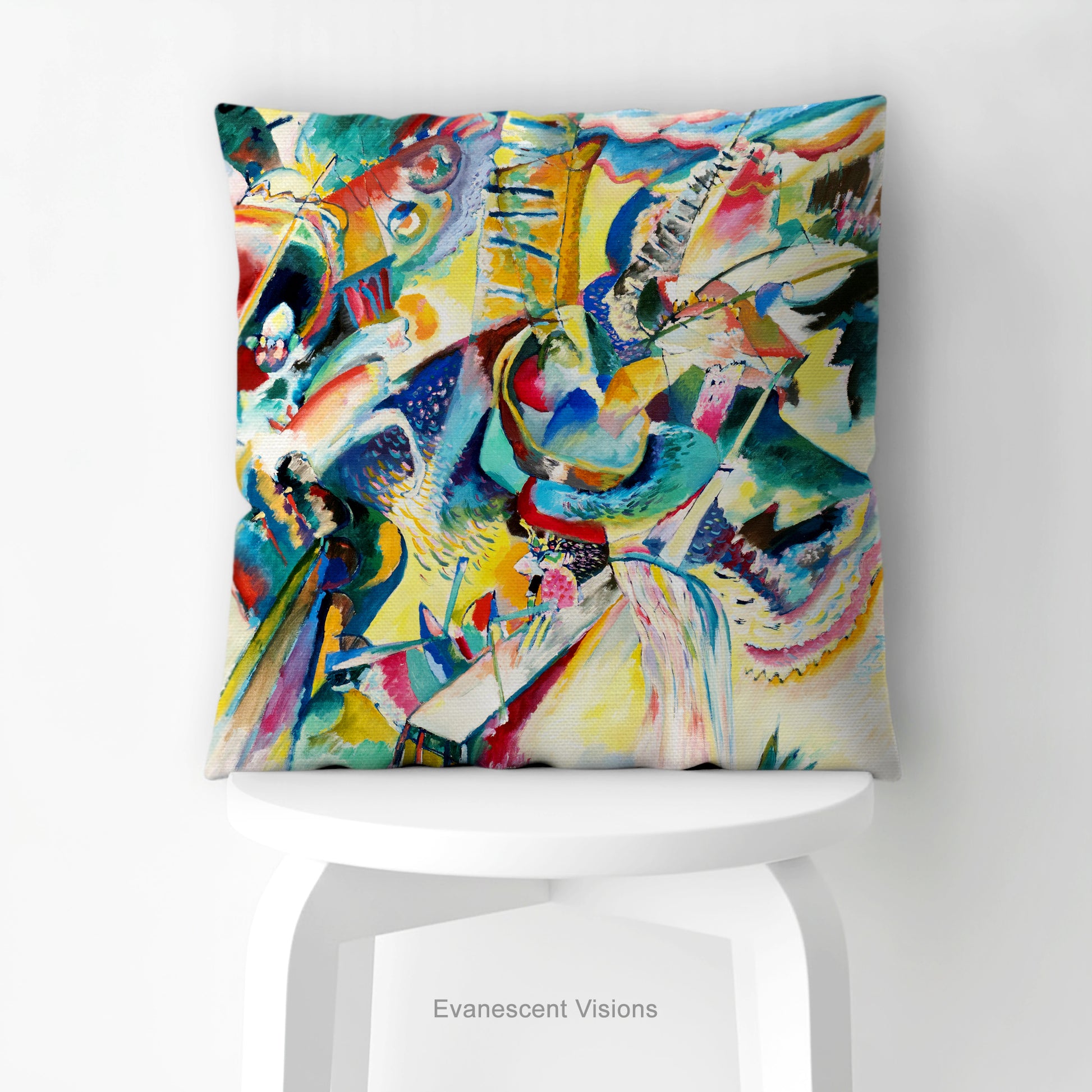 A square cushion featuring the abstract, multicolored painting design 'Improvisation Klamm' by Wassily Kandinsky., shown on a stool.