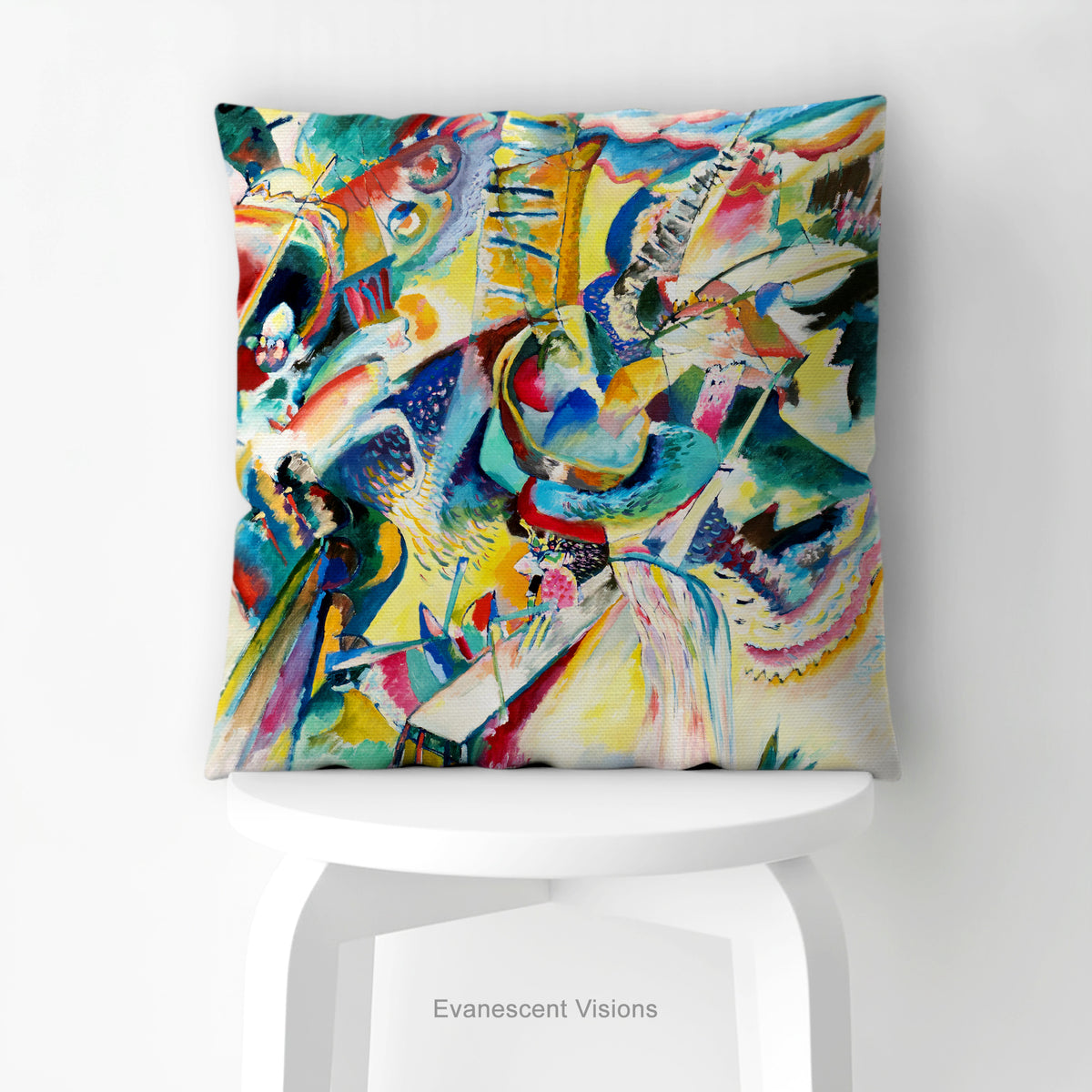 A square cushion featuring the abstract, multicolored painting design 'Improvisation Klamm' by Wassily Kandinsky., shown on a stool.