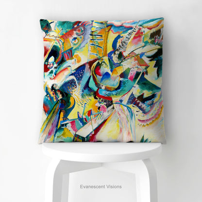 A square cushion featuring the abstract, multicolored painting design 'Improvisation Klamm' by Wassily Kandinsky., shown on a stool.