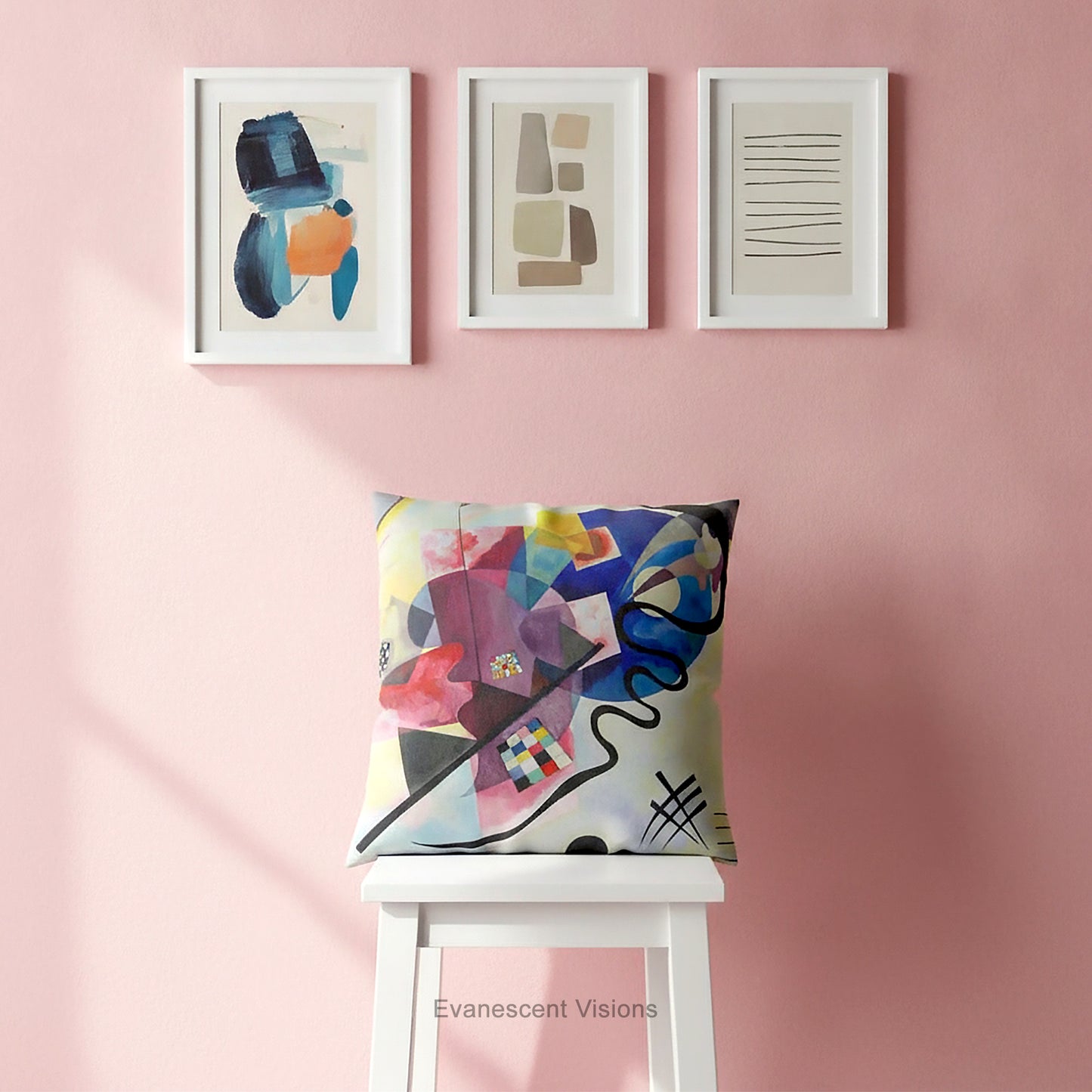 A square cushion with abstract geometric painting 'Jaune Rouge Bleu' By Kandinsky in  a pink room with abstract paintings 
