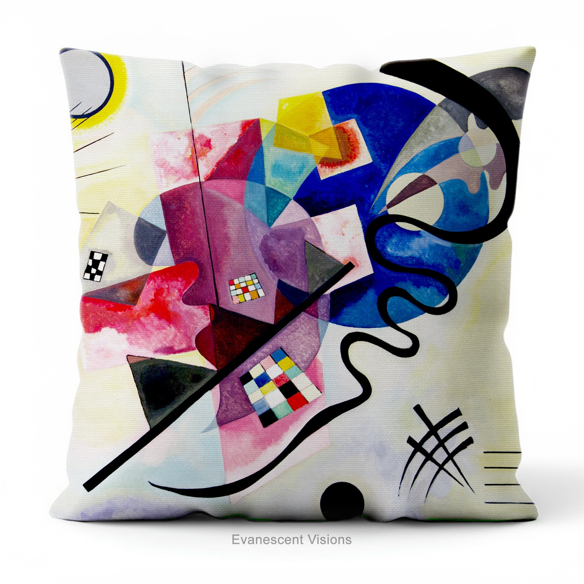 A square cushion with abstract geometric painting 'Jaune Rouge Bleu' By Kandinsky. 