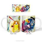 Left and right side views of a ceramic mug featuring an abstract geometric artwork 'Jaune Rouge Bleu'.