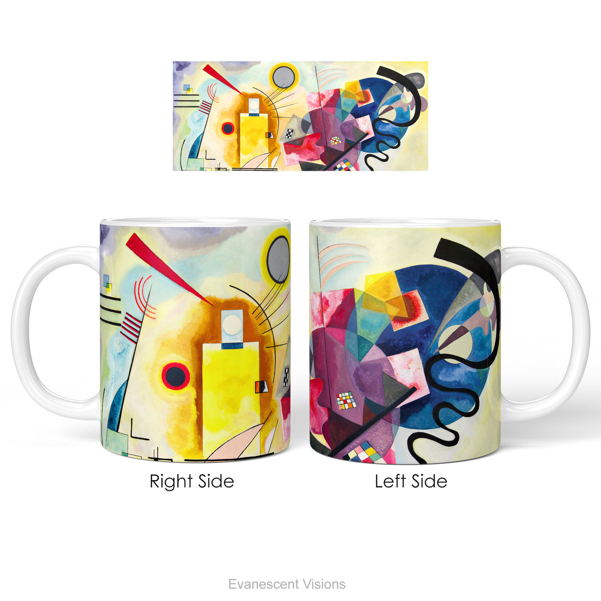Left and right side views of a ceramic mug featuring an abstract geometric artwork 'Jaune Rouge Bleu'.