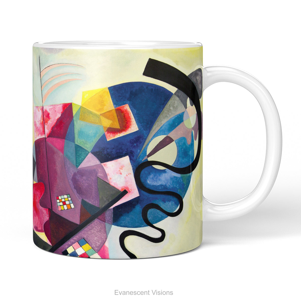 A white ceramic mug featuring an abstract geometric artwork 'Jaune Rouge Bleu' by Wassily Kandinsky.