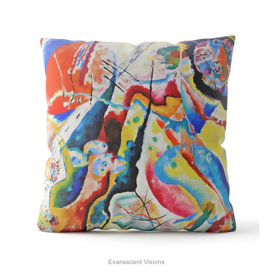 A square cushion featuring a print of the  abstract, multicolored painting 'Bild mit Rotem Fleck' by Wassily Kandinsky..