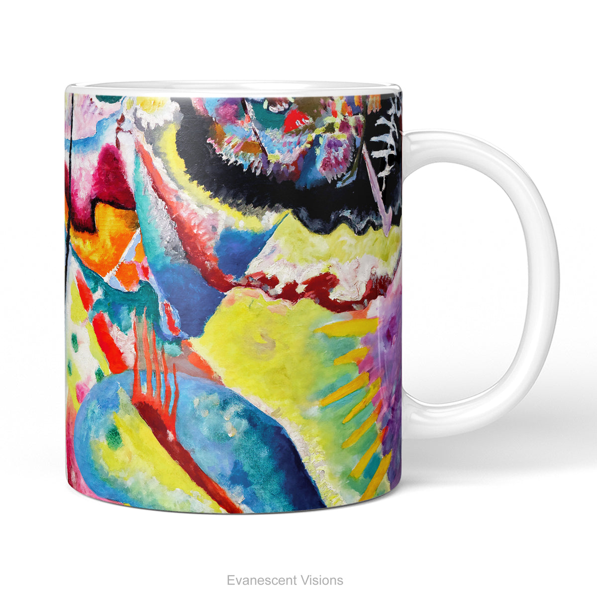 A  ceramic mug featuring a vibrant,  abstract painting 'Bild mit Rotem Fleck' by Kandinsky.