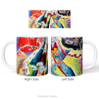 Left and right side views of ceramic mug featuring a vibrant,  abstract painting 'Bild mit Rotem Fleck' by Kandinsky.