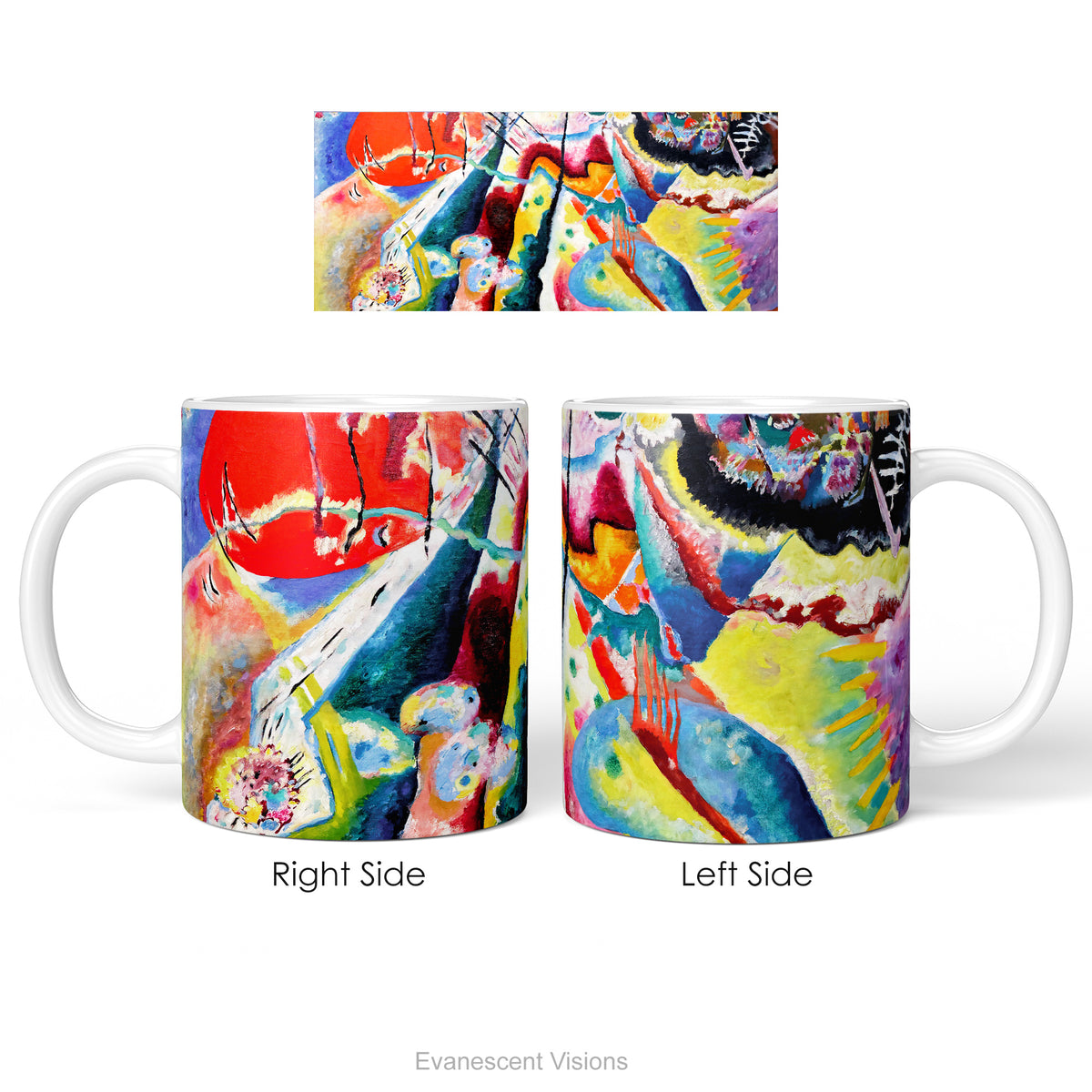 Left and right side views of ceramic mug featuring a vibrant,  abstract painting 'Bild mit Rotem Fleck' by Kandinsky.