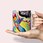 Hands holding a  ceramic mug featuring a vibrant,  abstract painting 'Bild mit Rotem Fleck' by Kandinsky.
