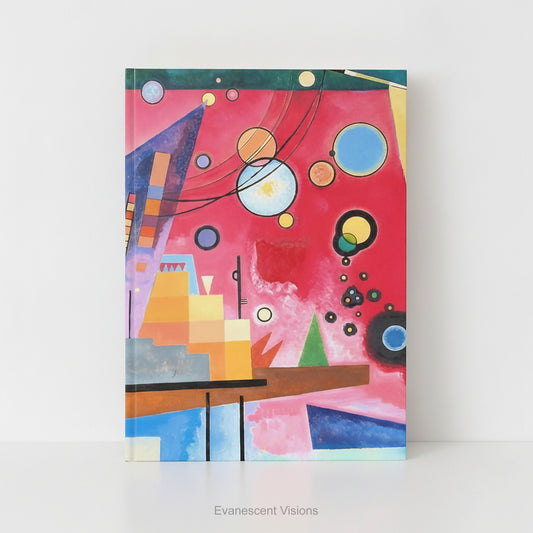 A hardcover notebook with a cover featuring  a colorful abstract geometric design titled 'Schweres Rot' by Kandinsky, shown on a white background. 
