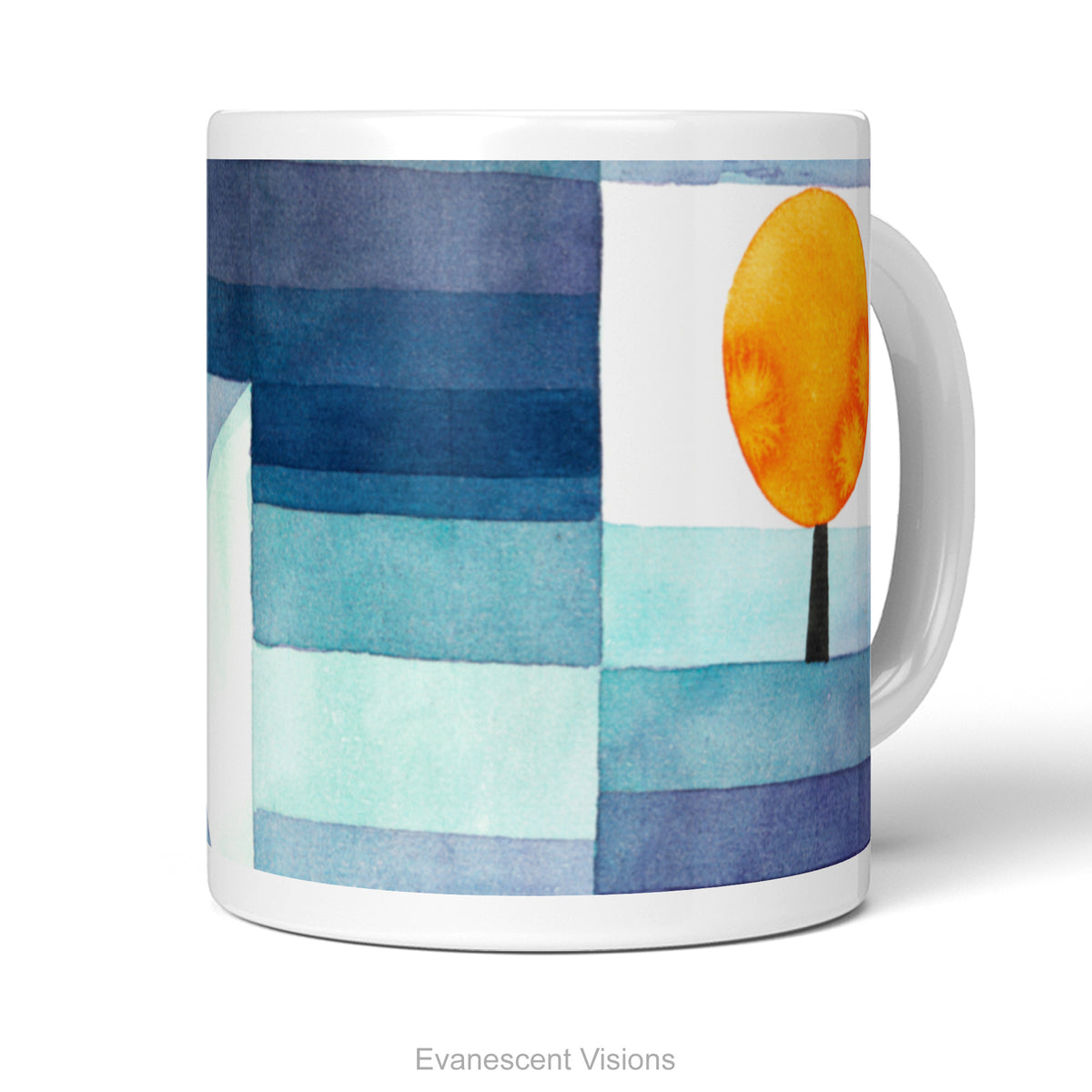 A white ceramic mug featuring a watercolor-style abstract landscape print called 'Harbinger of Autumn' by Paul Klee, on a white background. 