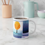 Mug featuring artwork Harbinger of Autumn by Paul Klee, styled on a white marble surface with minimal pastel orange and blue kitchen clutter