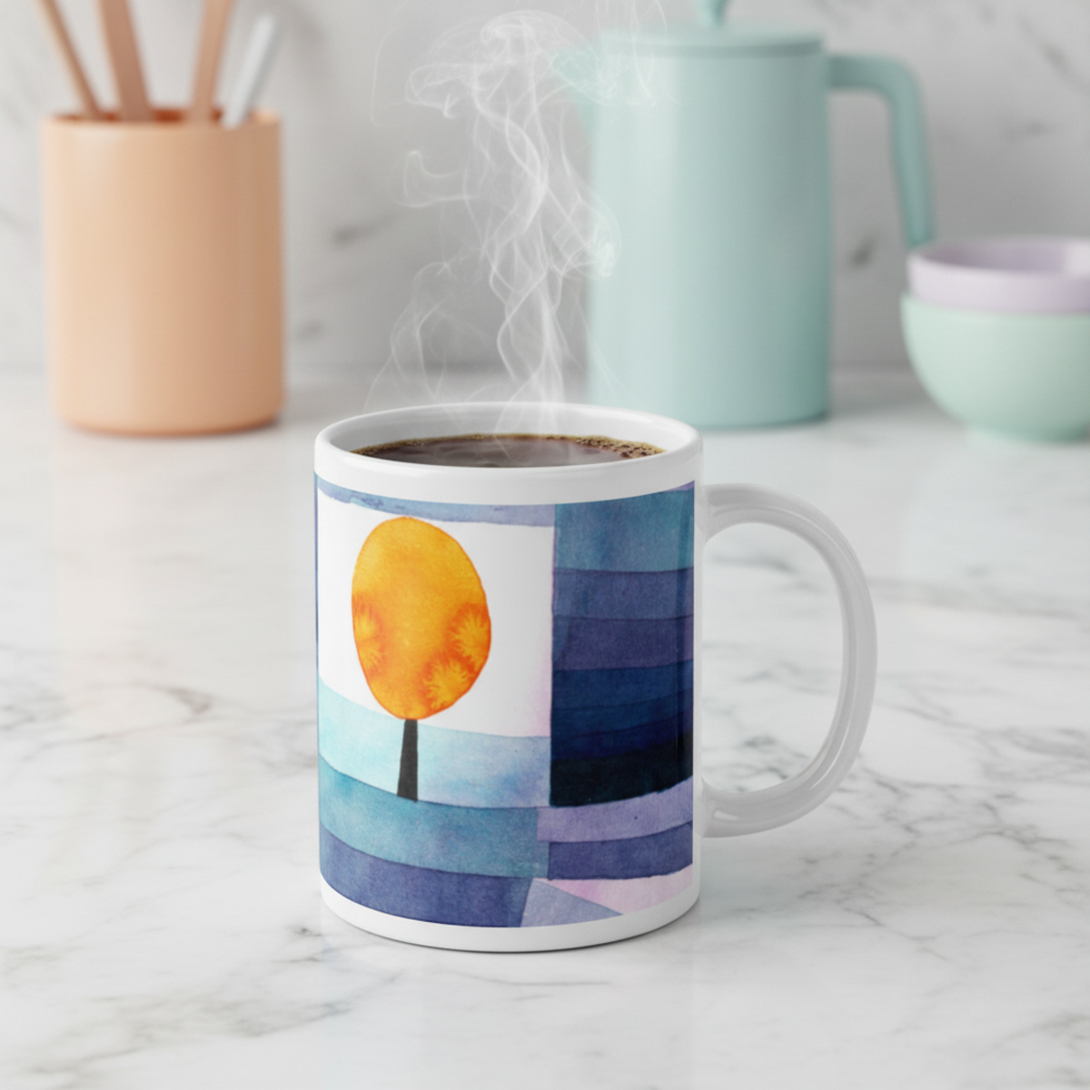 Mug featuring artwork Harbinger of Autumn by Paul Klee, styled on a white marble surface with minimal pastel orange and blue kitchen clutter