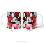 Left and right side views of  a ceramic mug with abstract art painting Redgreen and Violet-Yellow Rhythms by Paul Klee
