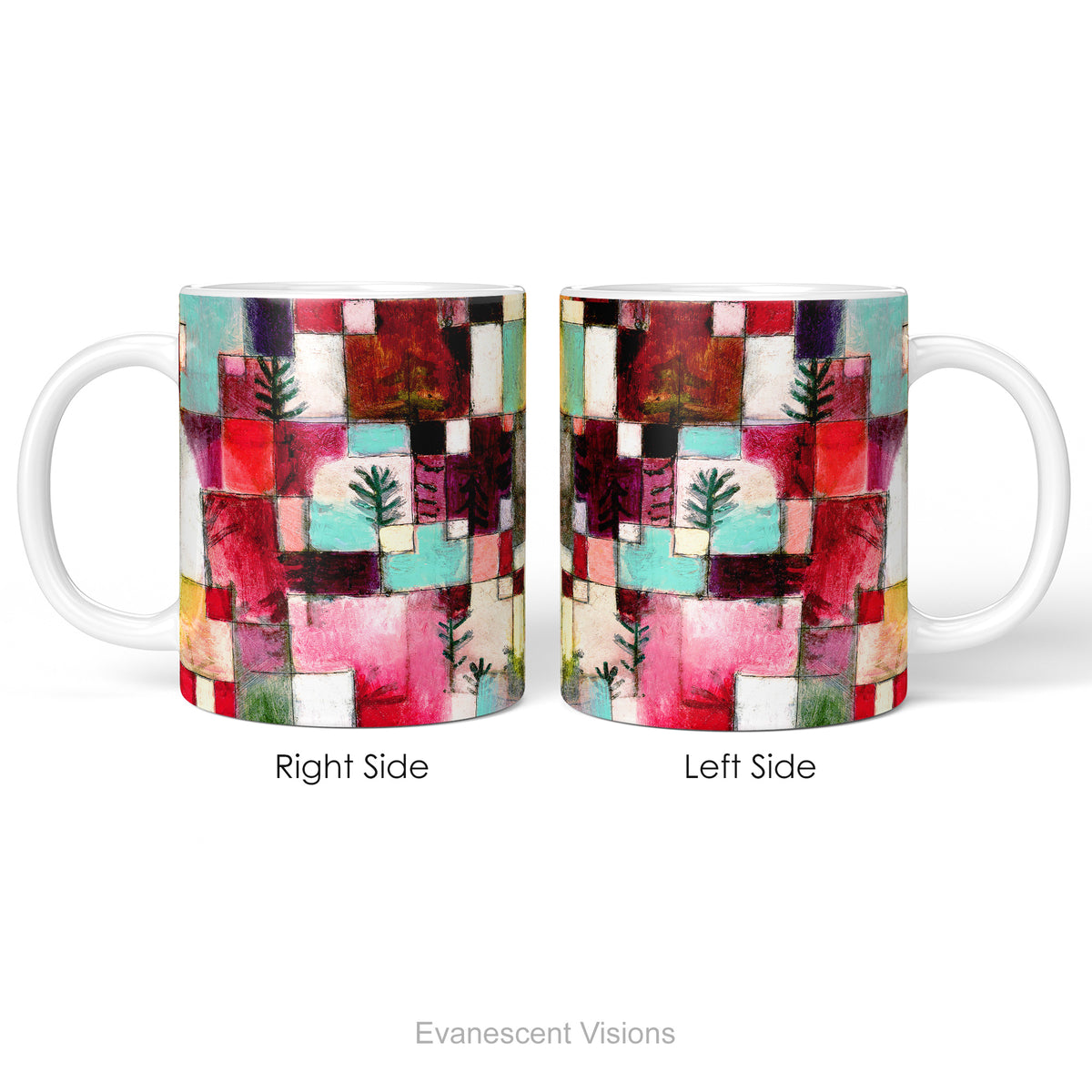 Left and right side views of  a ceramic mug with abstract art painting Redgreen and Violet-Yellow Rhythms by Paul Klee