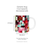 Ceramic mug with abstract art painting Redgreen and Violet-Yellow Rhythms', showing mug dimensions