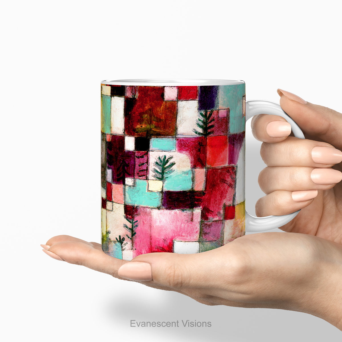 Hands holding a ceramic mug with abstract art painting Redgreen and Violet-Yellow Rhythms by Paul Klee