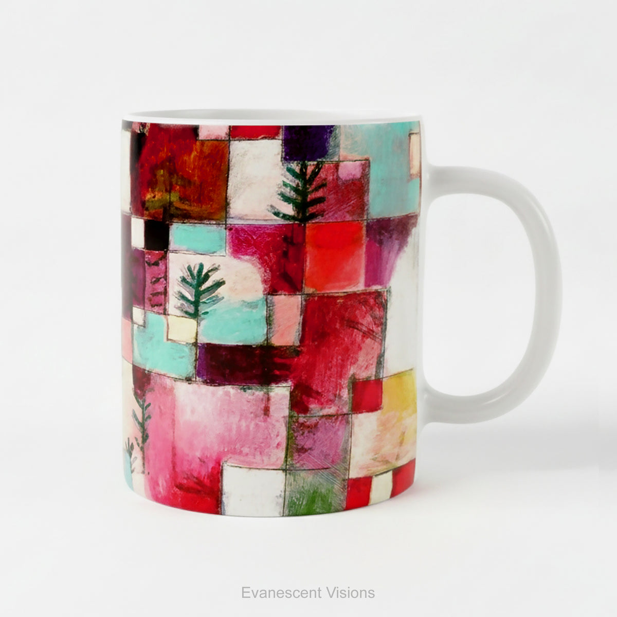 Ceramic mug with abstract art painting Redgreen and Violet-Yellow Rhythms by Paul Klee