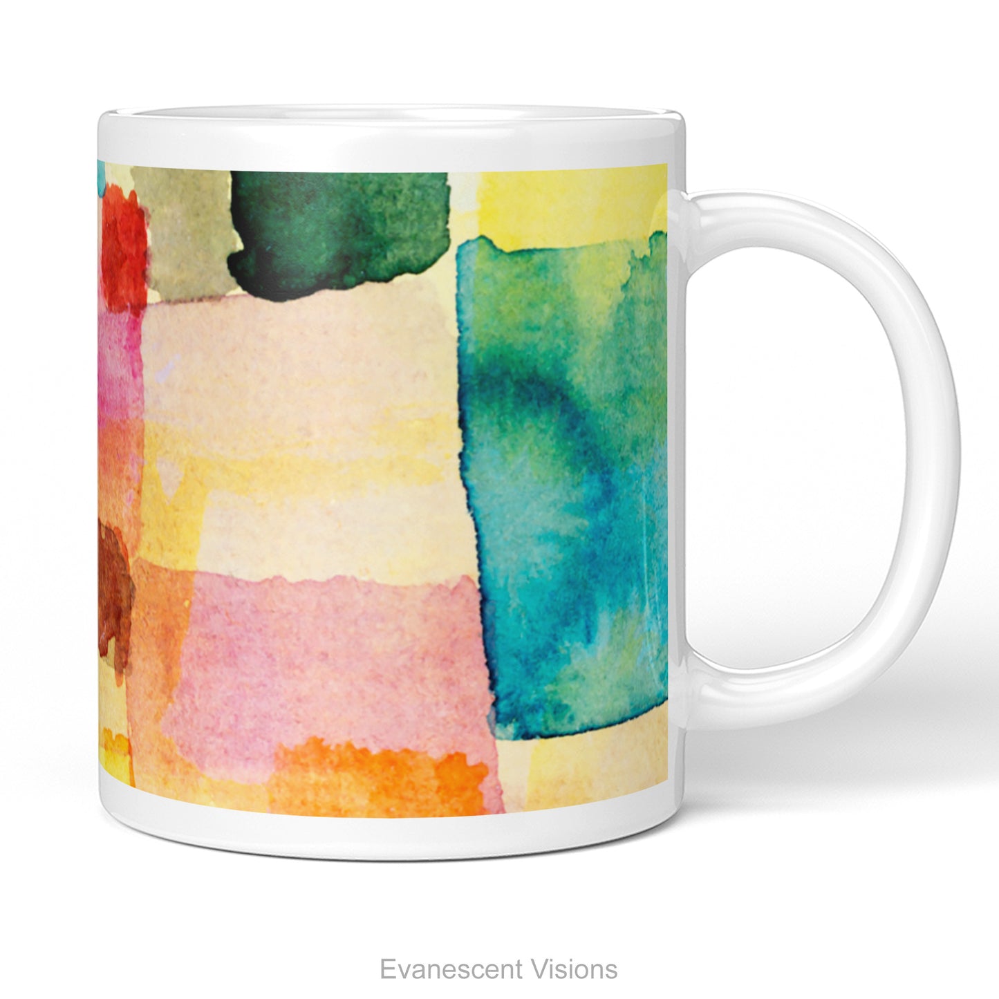 A white ceramic mug featuring a colorful abstract watercolor print with blocks of teal, yellow, pink, orange, and green called 'Untitled' by artist Paul Klee, shown on a white background. 