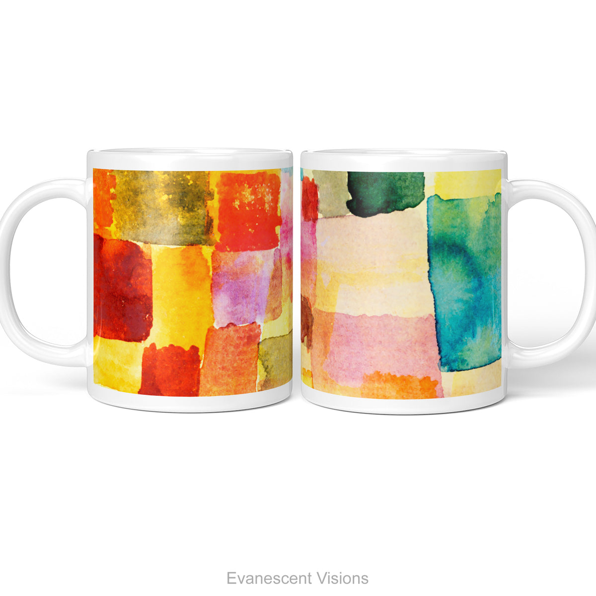 Left and right views of a white ceramic mug featuring a colorful abstract watercolor print with blocks of teal, yellow, pink, orange, and green called 'Untitled' by artist Paul Klee, shown on a white background. 