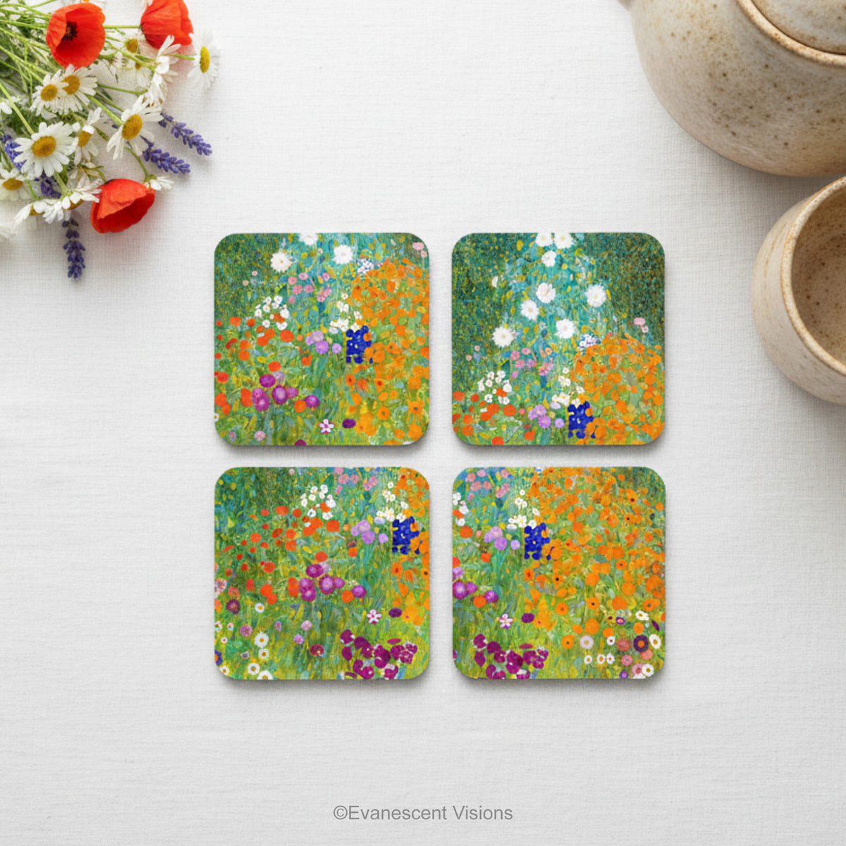 Set of 4 Coasters decorated with four different details of Gustav Klimt's painting Bauerngarten (Cottage Garden), styled on a table.