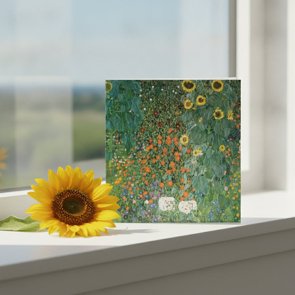 A square art print greeting card from Gustav Klimt's painting of sunflowers in a garden.  