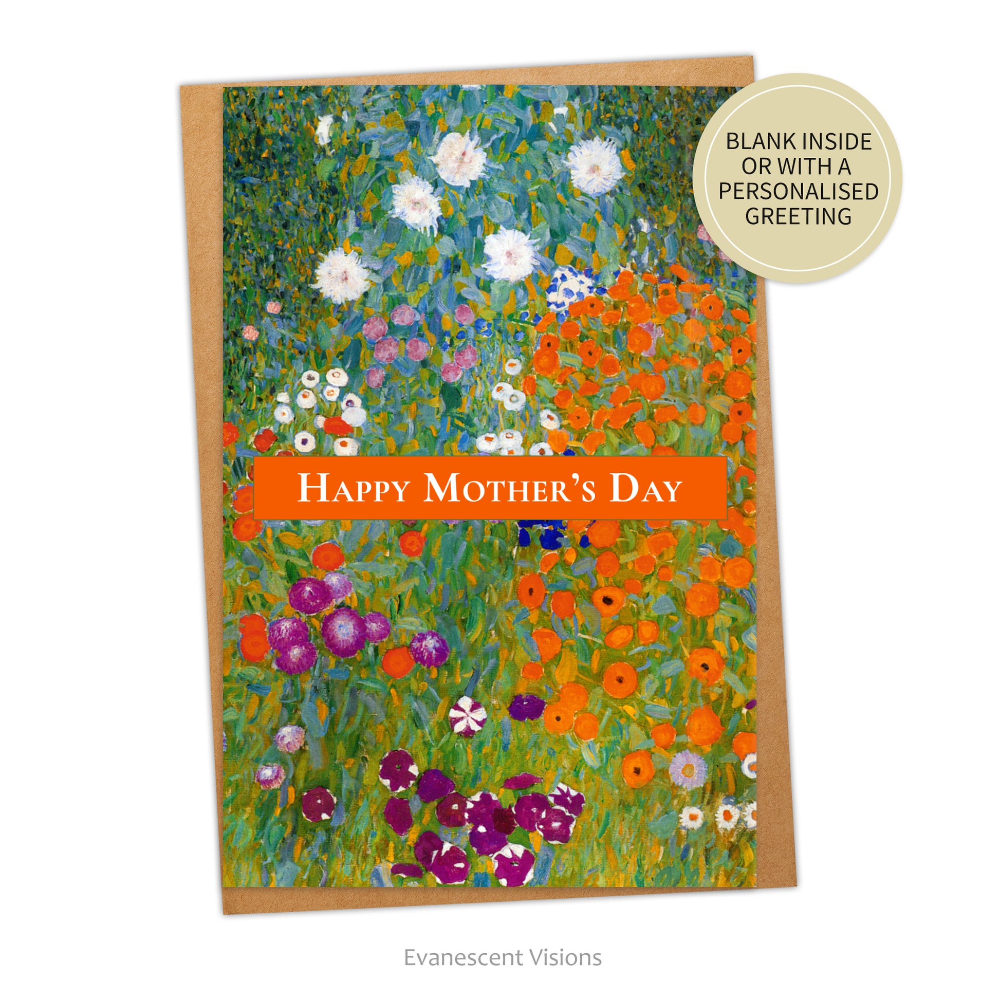 A Mother's Day card with flowers from Gustav Klimt's Bauerngarten and 'Happy Mother's Day' banner across front of card. Brown envelope behind card. Sticker says 'Blank inside or with a personalised greeting.'