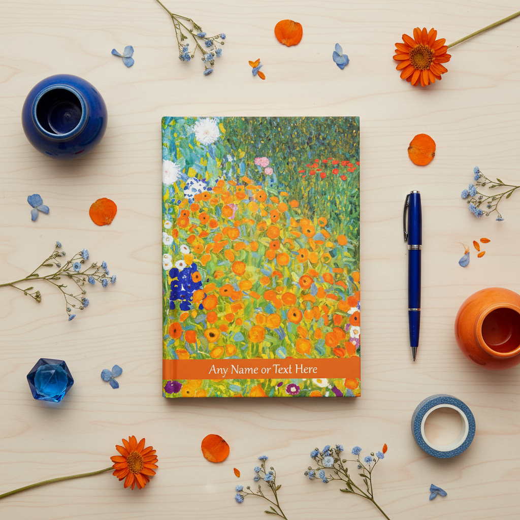 Personalised Notebook, Hardback  with  Klimt's  Bauerngarten artwork on a wood desk with desk clutter. 