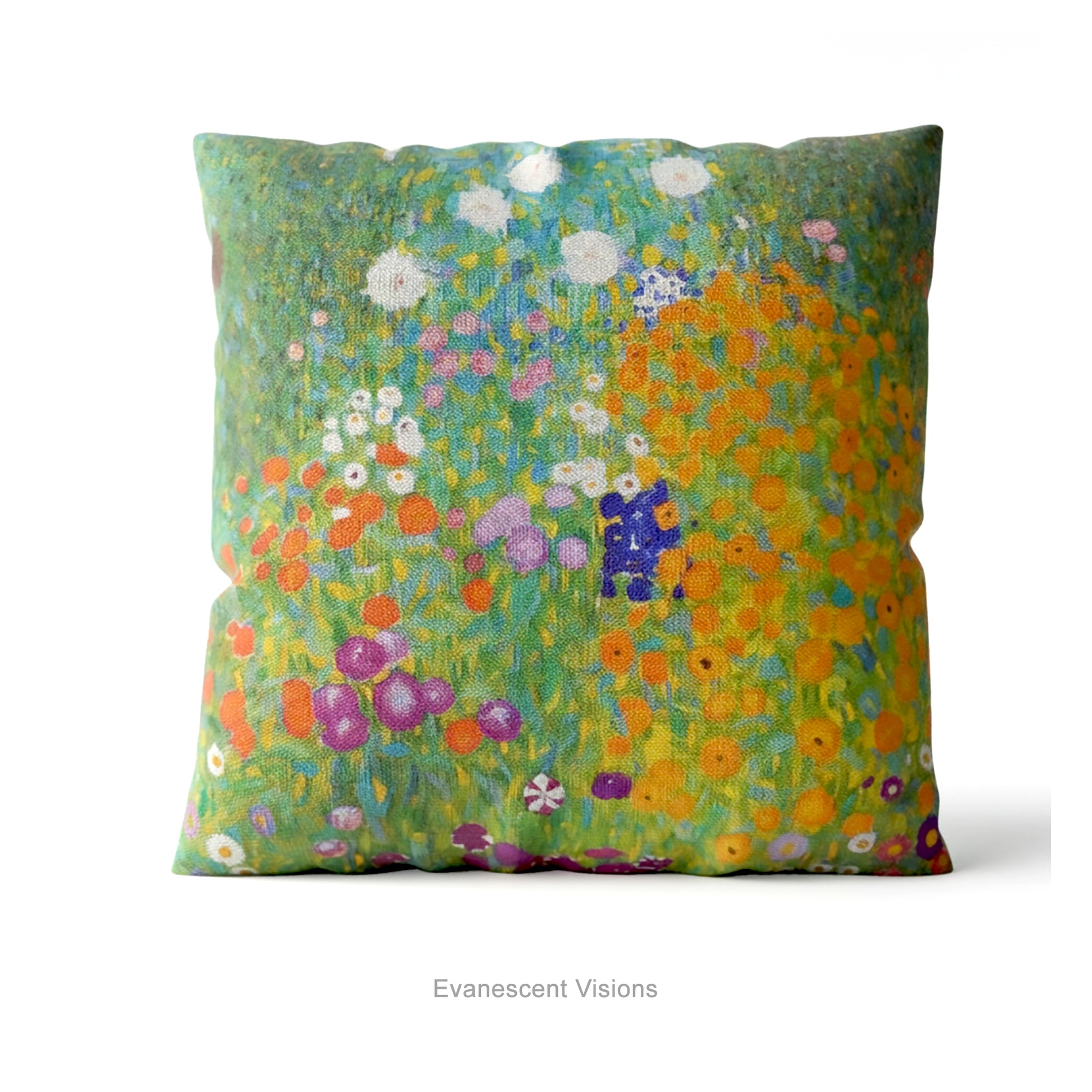 A square cushion pillow featuring a vibrant, impressionistic floral field design titled 'Bauerngarten' by Gustav Klimt.