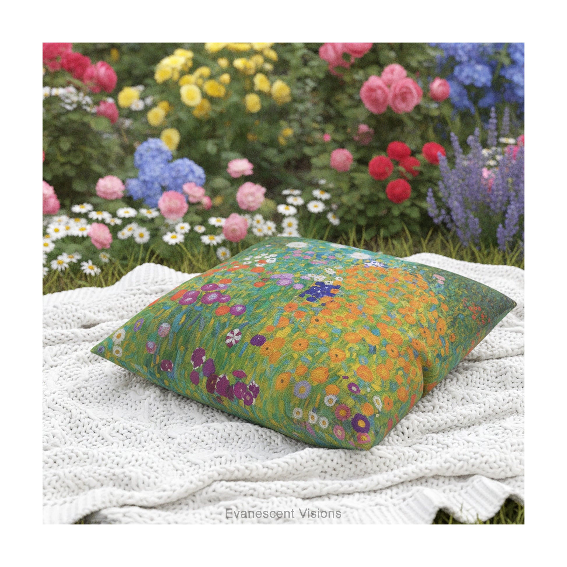 A colourful floral square cushion pillow featuring the artwork titled 'Bauerngarten' by Gustav Klimt.