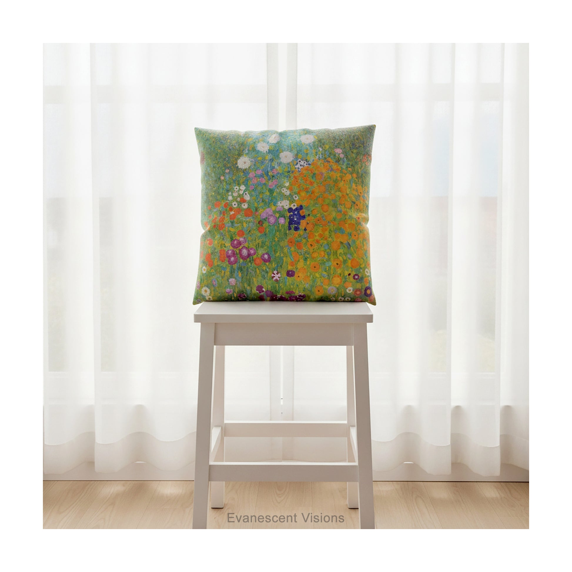 A colourful square cushion pillow featuring a floral design titled 'Bauerngarten' by Gustav Klimt, shown on a white stool against a curtained window. 