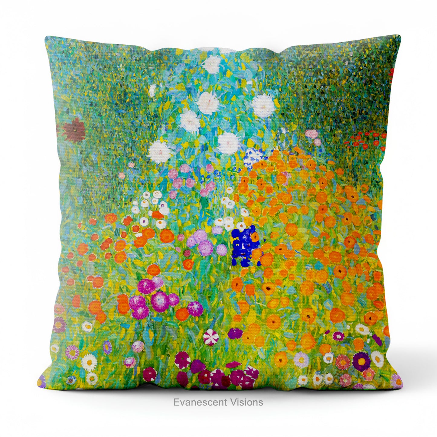 A square cushion pillow featuring a vibrant, impressionistic floral field design titled 'Bauerngarten' by Gustav Klimt, shown on a white chair.