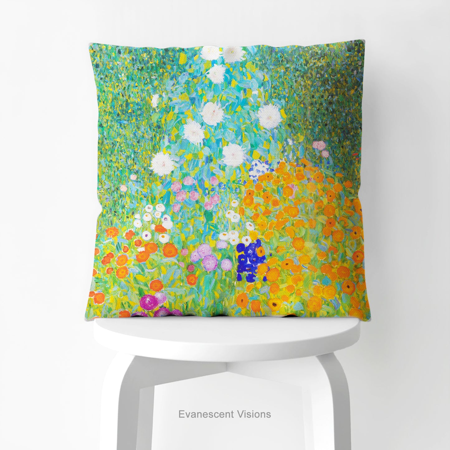 A square cushion pillow featuring a vibrant, impressionistic floral field design titled 'Bauerngarten' by Gustav Klimt, shown on a white stool.