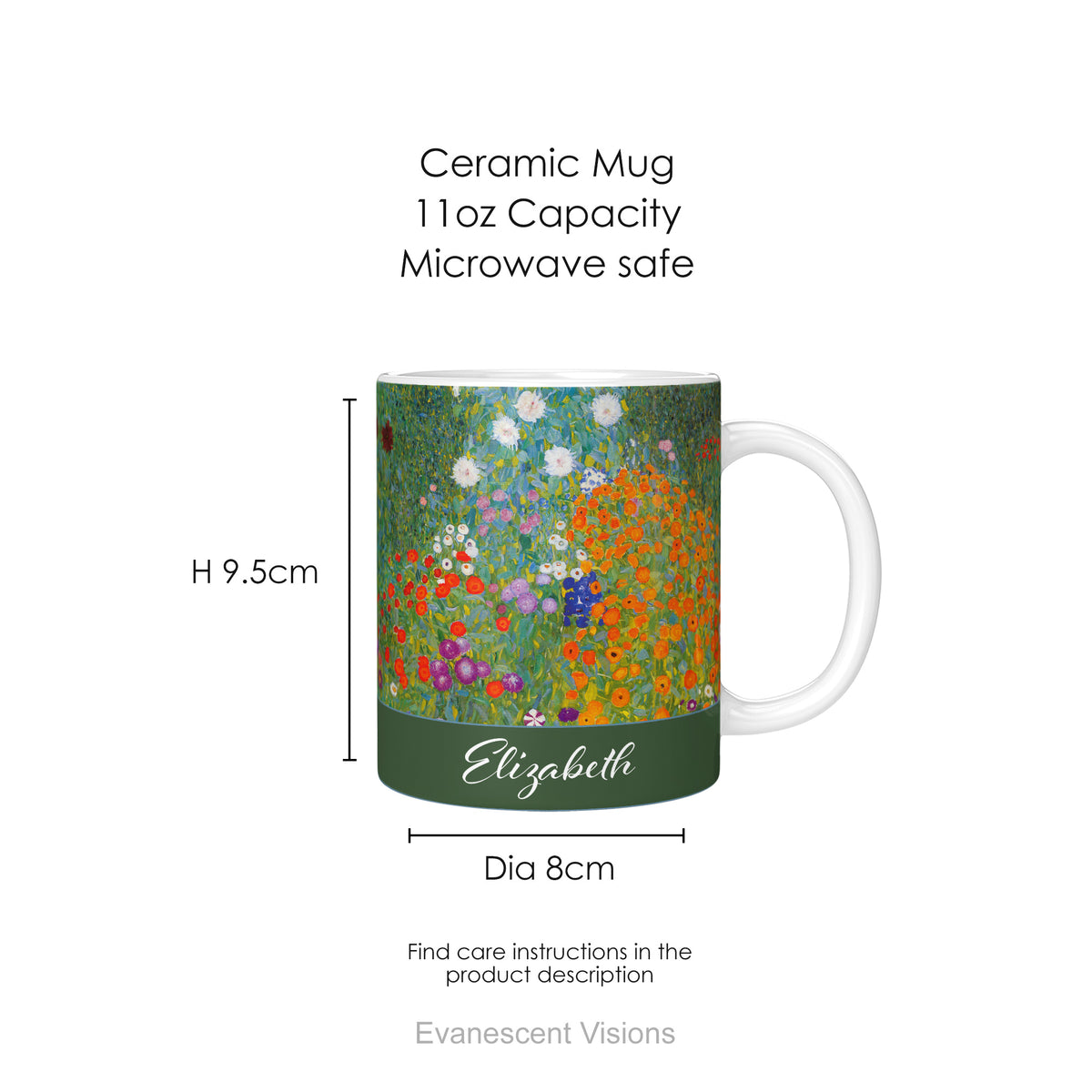 Height and width dimensions for the Bauerngarten personalised floral ceramic mug. 